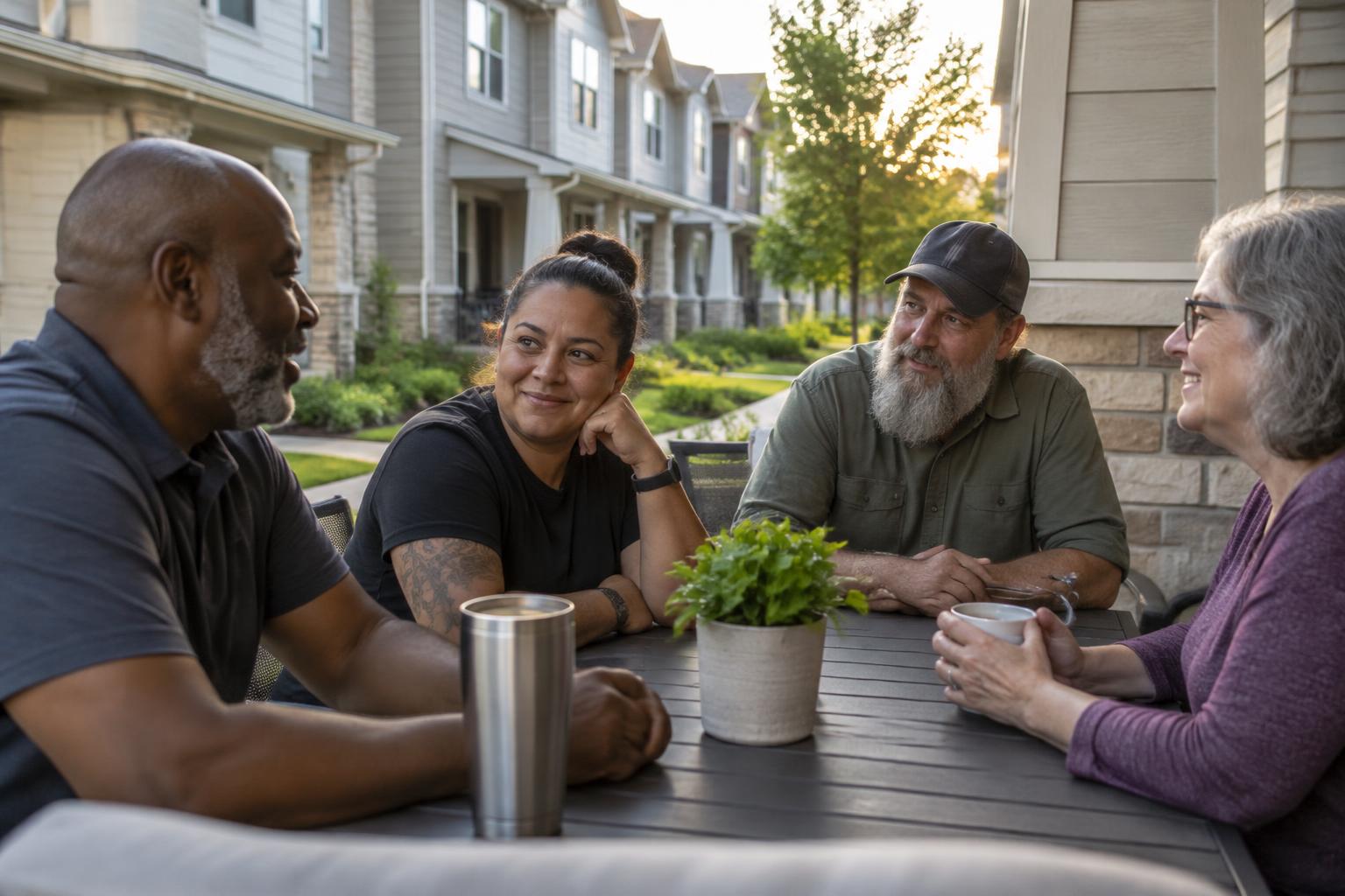 Veterans gathered around a shared table in a welcoming housing community